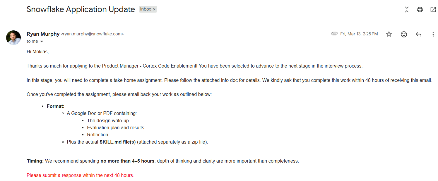 Reply from Snowflake recruiter