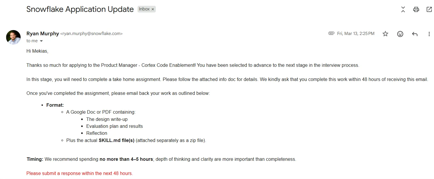 Reply from Snowflake recruiter