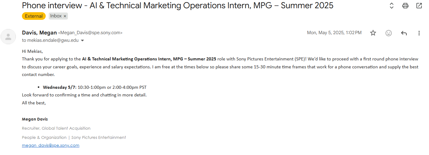 Phone interview invite from Sony Pictures