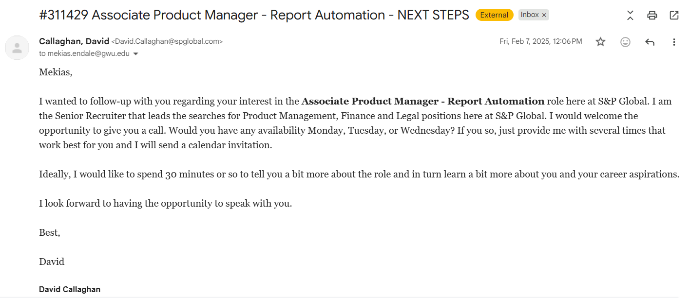 Next steps from S&P Global recruiter