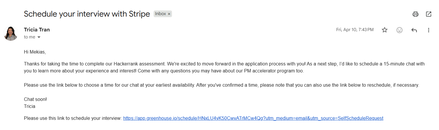 Interview invitation from Stripe