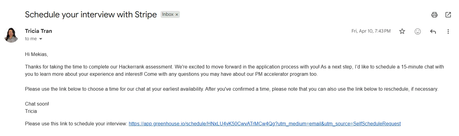 Interview invitation from Stripe