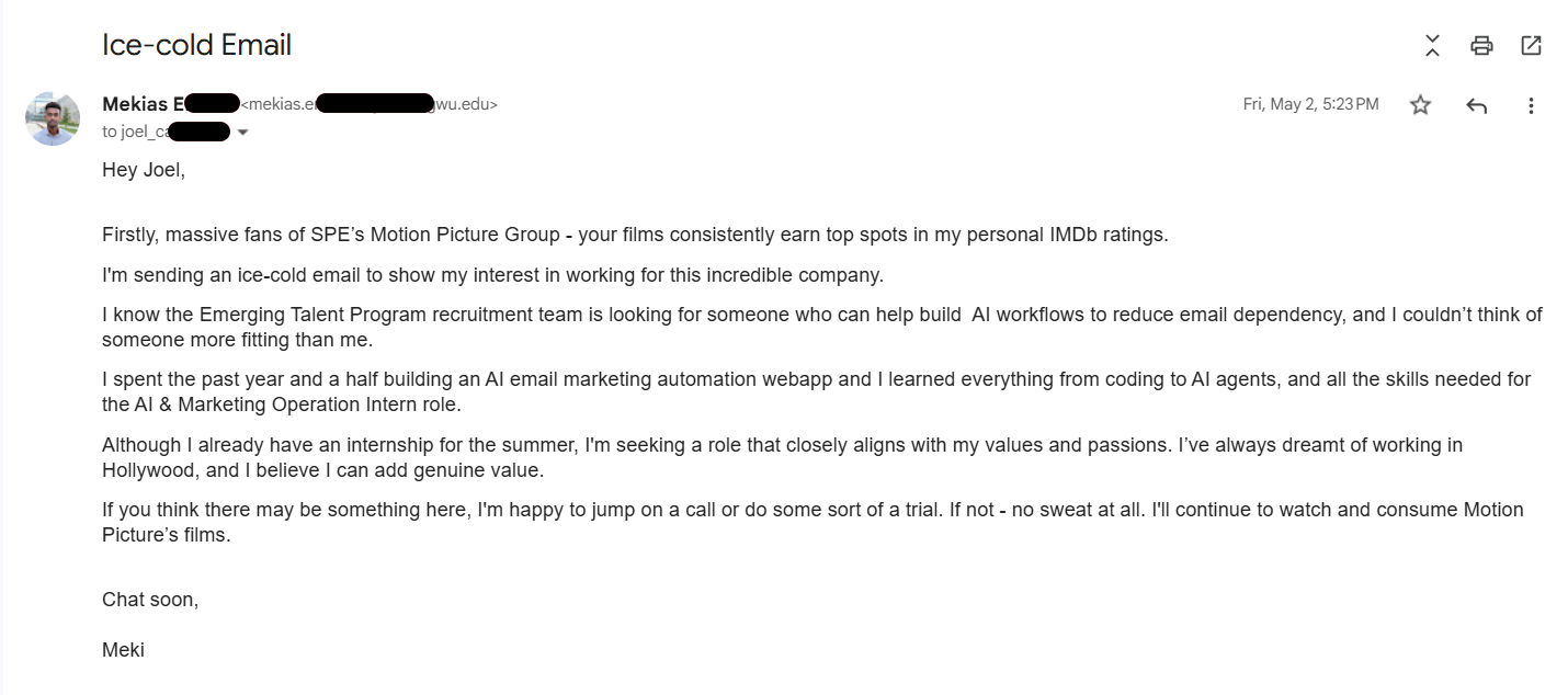 Screenshot of cold email sent to hiring manager