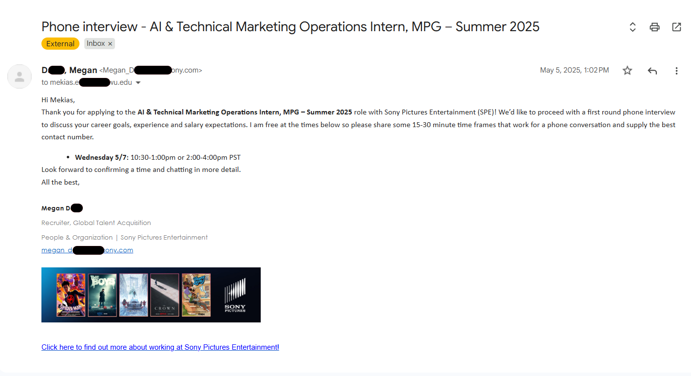 Screenshot of interview invitation from Sony recruiter
